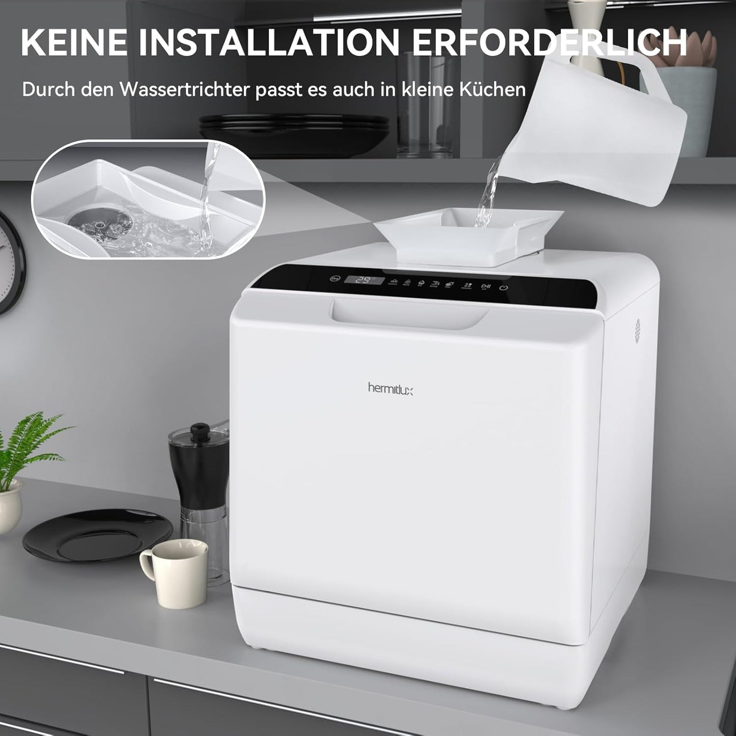 Hermitlux Mini Geschirrspüler, Spülmaschine für 4 Bestecksätze, 5 Liter Wassertank, 6 Programme Mini Tischgeschirrspüler, Perfekt für Wohnungen, Schlafsäle, Camping, Weiß