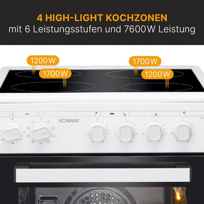 Bomann® Backofen 50cm mit Herd | Elektroherd freistehend 50 cm mit 4 Kochplatten | Standherd mit Ofen 43L | Ober-/Unterhitze | 40°C-240°C | inkl. Blech & Grillrost | Elektroherd mit Kochfeld EHC 7939