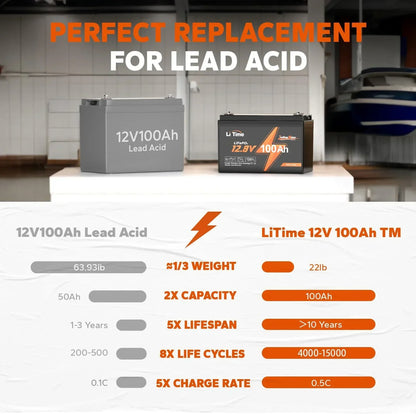LiTime 12V 100Ah TM LiFePO4 Lithium Battery Built in 100A BMS