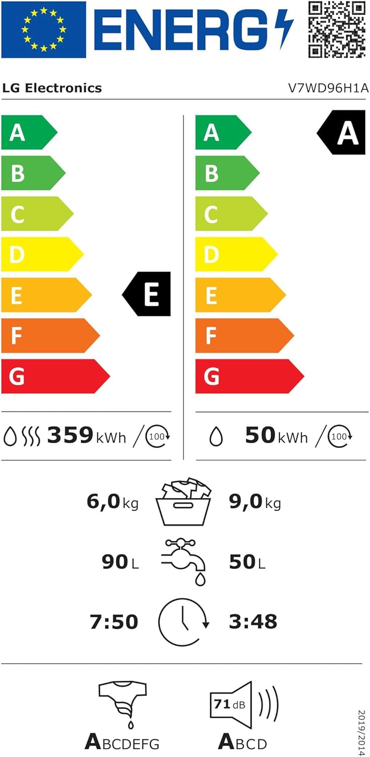 LG V7WD107H2E, Klasse E, Frontlader-Waschtrockner 10,5 - 7 kg, 1400 U/min, AI Direct Drive, Wi-Fi, Tiefenreinigung mit Dampf, TurboWash, Größere Kapazität, 62 x 60 x 85 cm ꟷ Weiß