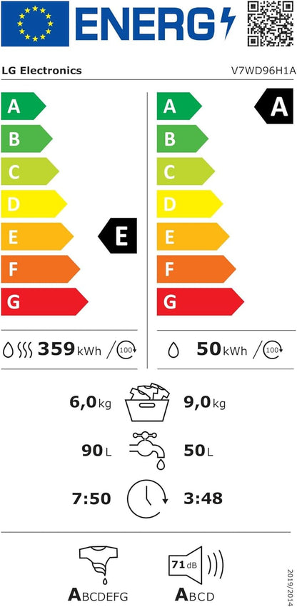 LG W4WR7096YB, Klasse D, Frontlader-Waschtrockner 9 - 6 kg, 62 x 60 x 85 cm, Wi-Fi, AI Direct Drive, Tiefenreinigung mit Dampf, TurboWash 360, Große Kapazität, Außentür aus gehärtetem Glas, Weiß