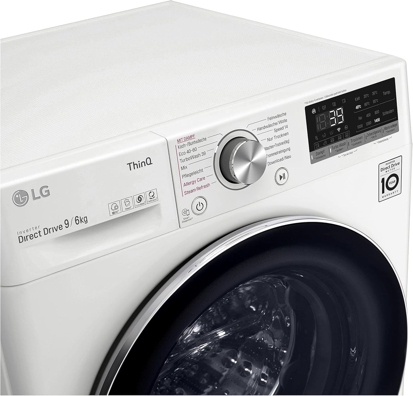 LG W4WR7096YB, Klasse D, Frontlader-Waschtrockner 9 - 6 kg, 62 x 60 x 85 cm, Wi-Fi, AI Direct Drive, Tiefenreinigung mit Dampf, TurboWash 360, Große Kapazität, Außentür aus gehärtetem Glas, Weiß