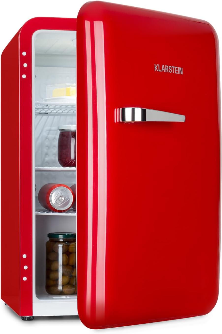 Klarstein Audrey Mini - kleiner Kühlschrank, kompakte Mini-Bar, freistehend, Kompressionskühlung, Fassungsvermögen, Kühlung: 0-10 °C, Mini-Kühlschrank mit 70 Liter Fassungsvermögen, rot