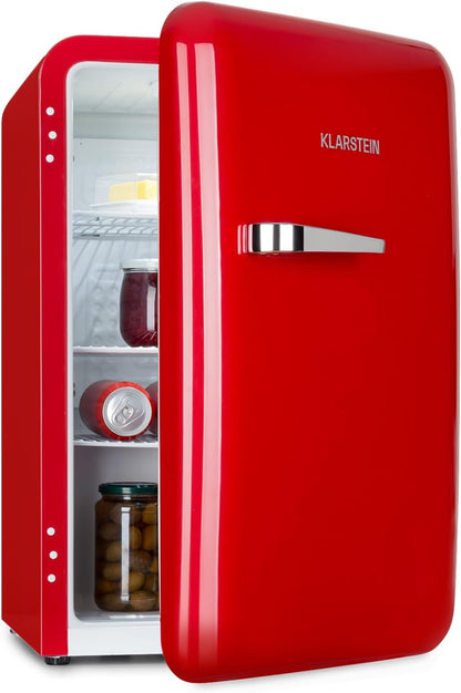 Klarstein Audrey Mini - kleiner Kühlschrank, kompakte Mini-Bar, freistehend, Kompressionskühlung, Fassungsvermögen, Kühlung: 0-10 °C, Mini-Kühlschrank mit 70 Liter Fassungsvermögen, rot