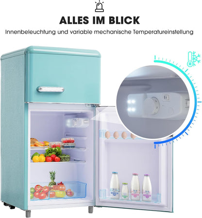 Merax Kühlschrank mit Gefrierfach, Kühl-Gefrierkombination, klein Kühlschrank mit 51L und Gefrierschrank 21L, Leise, LED, Glasablagen, Gemüsefach, Türablagen, für Küche, Wohnzimmer, Büro, Schwarz
