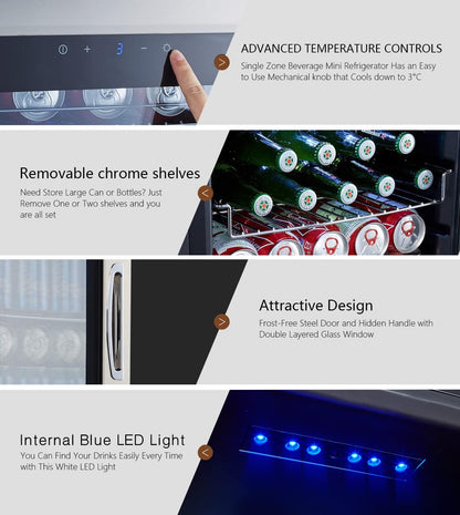 Kalamera Getränkekühlschrank, Bierkühlschrank mit Touch-Bedienfeld, 3-18°C Kühlzone, Flaschenkühlschrank 86 Liter, Blaue LED-Innenbeleuchtung, 41 dB, KRC-86GE