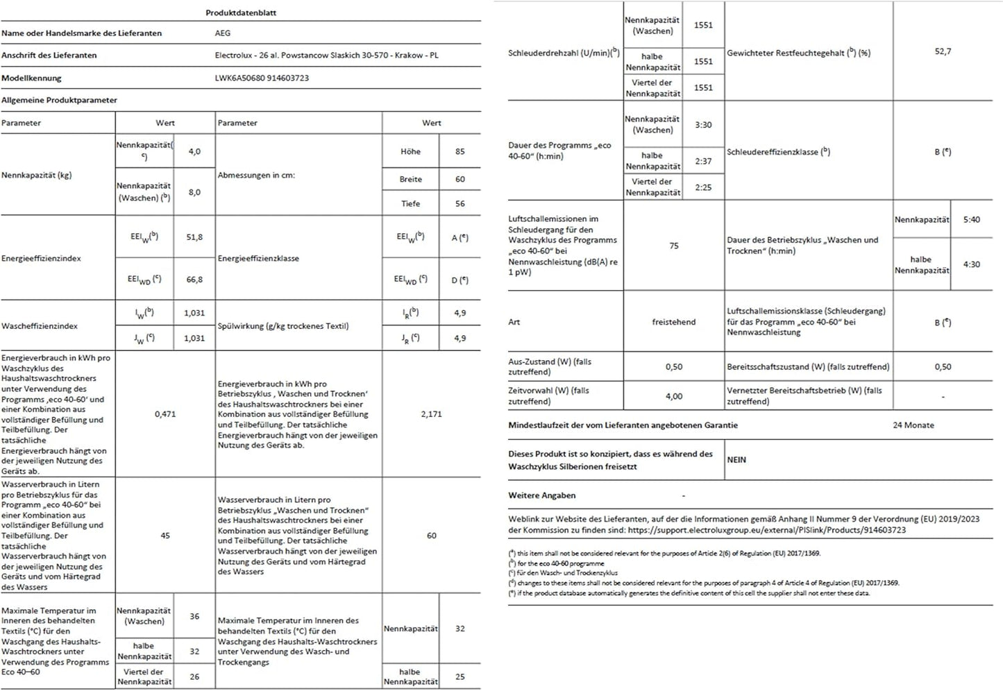 AEG L7WBA60680 Waschtrockner / DualSense - schonende Pflege / 8 kg Waschen / 5 kg Trocknen / D / energiesparend / Mengenautomatik / Nachlegefunktion / ProSteam - Auffrischfunktion / 1600 U/min Weiß