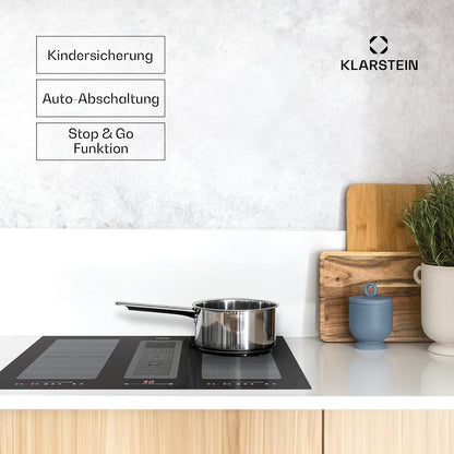 Klarstein 2-in-1 Induktionskochfeld mit Dunstabzug, Induktionskochfeld mit Abluft & Ventilator, 4-Zonen-Kochfeld, Glaskeramik-Einbauherd, Kochfeld mit Dunstabzug, Energieklasse A, 654m³/h Luftstrom