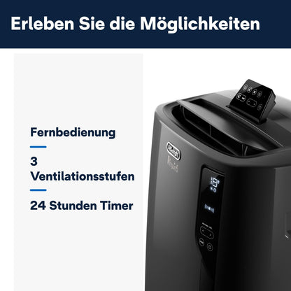 De'Longhi Pinguino PAC EL112 CST mobiles Klimagerät mit Abluftschlauch, Klimaanlage Für Räume bis 110 m³, Luftentfeuchter, Ventilationsfunktion, 24h-Timer, Schwarz