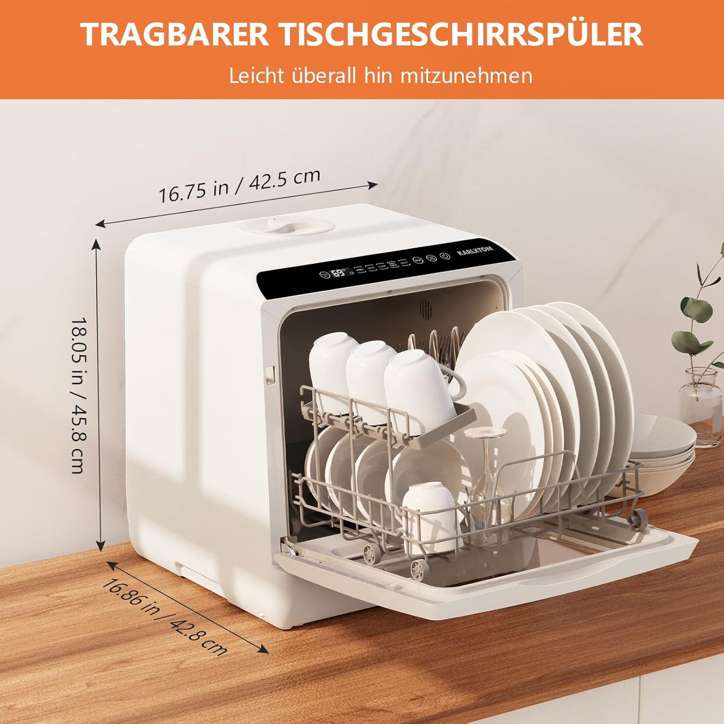 Karlxtom TDQR03A Mini Geschirrspüler, 6 Programme freistehender Tischgeschirrspüler, Spülmaschine mit 2 Wasserversorgungsmodi, Auto-Trocknung, Perfekt für kleine Familien und Paare