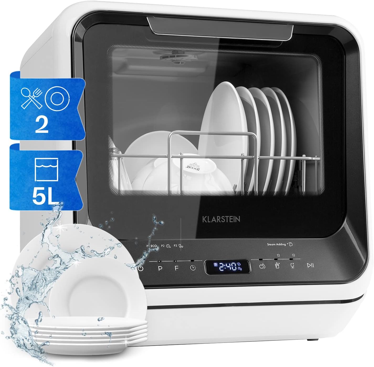Klarstein  ia Mini Geschirrspüler, Spülmaschine mit Platz für 2 Maßgedecke, 6 Programme, 5 L Wasser benötigt, LED-Display, Touch, Tischgeschirrspüler inkl. Zubehör, schwarz