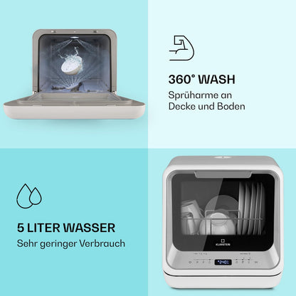 Klarstein  ia Mini Geschirrspüler, Spülmaschine mit Platz für 2 Maßgedecke, 6 Programme, 5 L Wasser benötigt, LED-Display, Touch, Tischgeschirrspüler inkl. Zubehör, schwarz