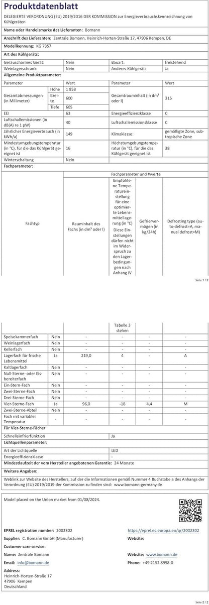 Bomann® Kühlgefrierkombination, 269 L Nutzinhalt - Kühlen: 198 L | Gefrieren: 71 L, Energiesparend, leise 39 dB, LED, wechselbarer Türanschlag, Höhe:180 x Breite: 55 x Tiefe: 55.8 cm - KG 184.1 weiß