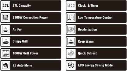 Sharp RCA271TB 5-in-1 Airfry-Mikrowelle 900W, Grill 1000 W, Heißluft & AirFry-Funktion, Konvektion 2100W, 27 L, 28 Autom.pr., Gewicht und zeitgesteuertes Auftauen, Schwarz