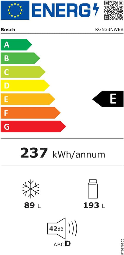 Bosch KGN36NWEA Serie 2 Kühl-Gefrier-Kombination, 186 x 60 cm, 215 L Kühlen & 87 L Gefrieren, NoFrost nie wieder abtauen, LED-Beleuchtung gleichmäßige Ausleuchtung