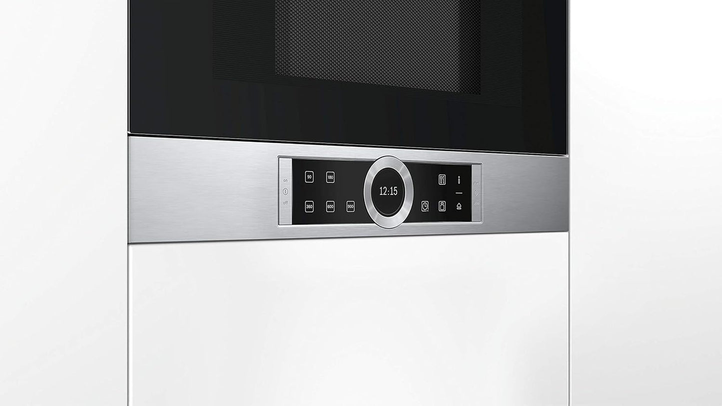 Bosch BFR634GS1 Serie 8 Einbau-Mikrowelle, Türanschlag Rechts, AutoPilot 7 Automatikprogramme, Reinigungsunterstützung, TFT-Touchdisplay, LED-Beleuchtung gleichmäßige Ausleuchtung, 38 x 60 cm, 900 W
