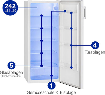 Bomann® freistehender Vollraumkühlschrank | Standkühlschrank groß 242 Liter | inkl. LED-Beleuchtung | ideal für Getränke und Lebensmittel | Türanschlag wechselbar | VS 7316.1 weiß