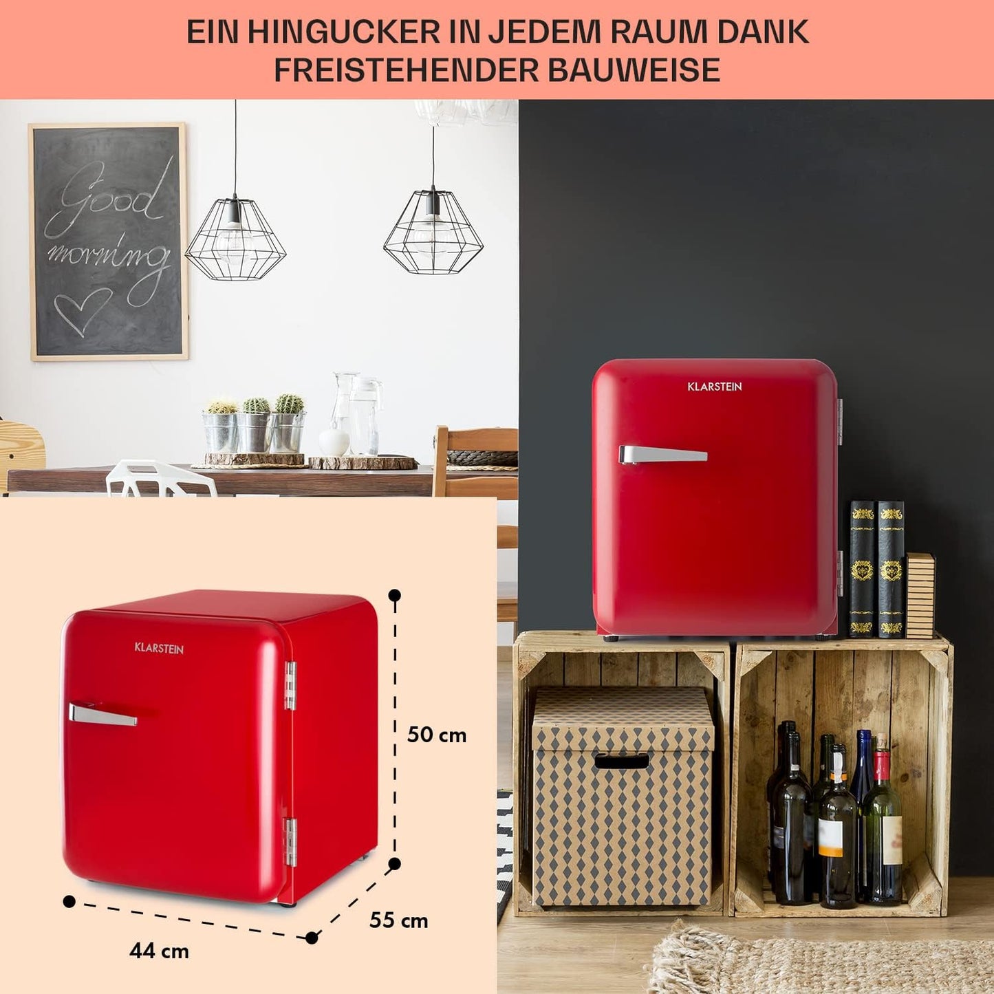 Klarstein Audrey Mini - kleiner Kühlschrank, kompakte Mini-Bar, freistehend, Kompressionskühlung, Fassungsvermögen, Kühlung: 0-10 °C, Mini-Kühlschrank mit 70 Liter Fassungsvermögen, rot