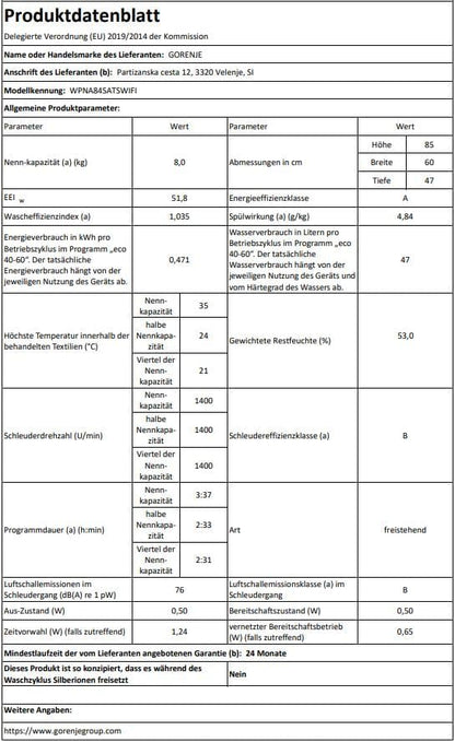 Gorenje WPNA 84 SATSWIFI Waschmaschine mit Dampffunktion / 8 kg / 1400 U/Slim Line/ConnectLife WiFi/Total AuaStop/Inverter PowerDrive Motor/Edelstahltrommel/Kindersicherung/EEK A