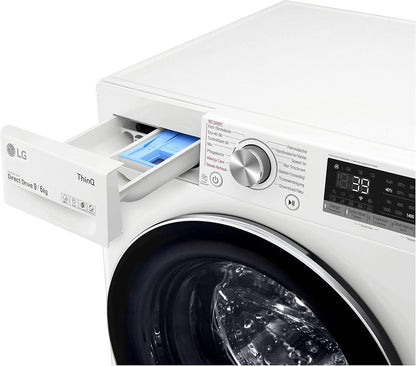LG W4WR7096YB, Klasse D, Frontlader-Waschtrockner 9 - 6 kg, 62 x 60 x 85 cm, Wi-Fi, AI Direct Drive, Tiefenreinigung mit Dampf, TurboWash 360, Große Kapazität, Außentür aus gehärtetem Glas, Weiß