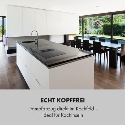 Klarstein 2-in-1 Induktionskochfeld mit Dunstabzug, Induktionskochfeld mit Abluft & Ventilator, 4-Zonen-Kochfeld, Glaskeramik-Einbauherd, Kochfeld mit Dunstabzug, Energieklasse A, 654m³/h Luftstrom