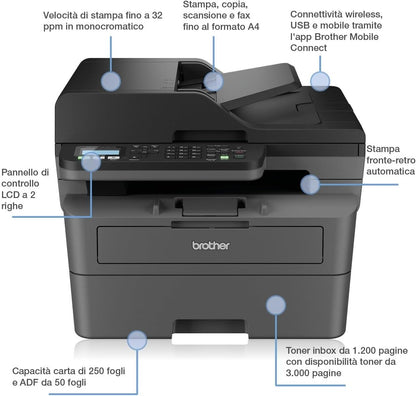 Brother MFC-L2835DW | 4-in-1-Multifunktionsdrucker (Drucken/Scan/Kopieren/Faxen) Laserdrucker Monochrom – WLAN & Ethernet – Dokumentenzuführung (ADF) für 50 Blatt – Druckgeschwindigkeit von 32 Seiten