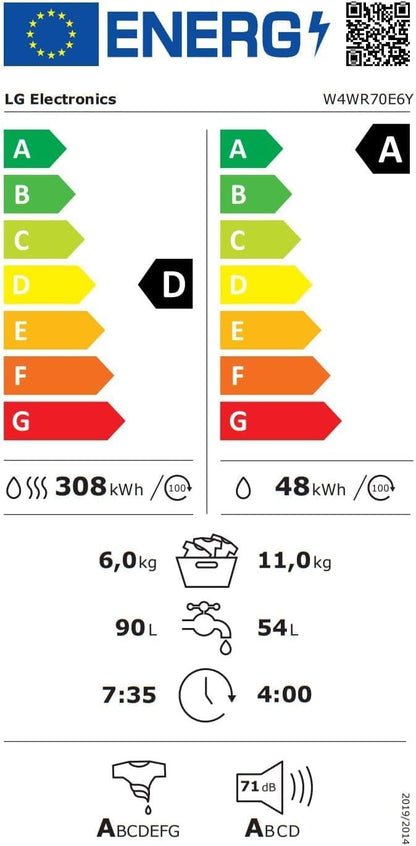 LG W4WR7096YB, Klasse D, Frontlader-Waschtrockner 9 - 6 kg, 62 x 60 x 85 cm, Wi-Fi, AI Direct Drive, Tiefenreinigung mit Dampf, TurboWash 360, Große Kapazität, Außentür aus gehärtetem Glas, Weiß