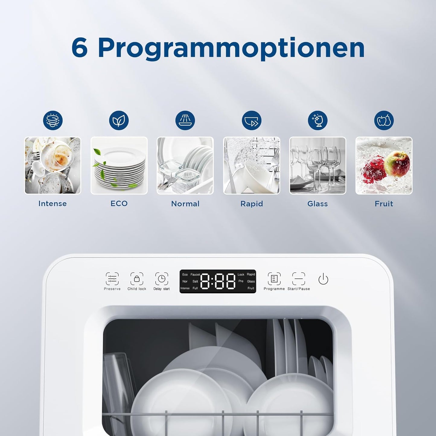Gudsunal Tischgeschirrspüler, Mini Geschirrspüler mit 7L Wassertank,ohne Wasseranschluss, 6 Programme,72°C Hochtemperatur-Hygiene,Hybrid-Trocknung & Erhaltungsfunktion, Spülmaschine klein für Camping