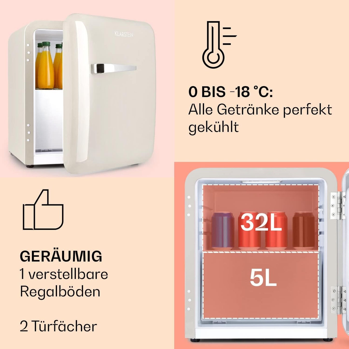 Klarstein Audrey Mini - kleiner Kühlschrank, kompakte Mini-Bar, freistehend, Kompressionskühlung, Fassungsvermögen, Kühlung: 0-10 °C, Mini-Kühlschrank mit 70 Liter Fassungsvermögen, rot