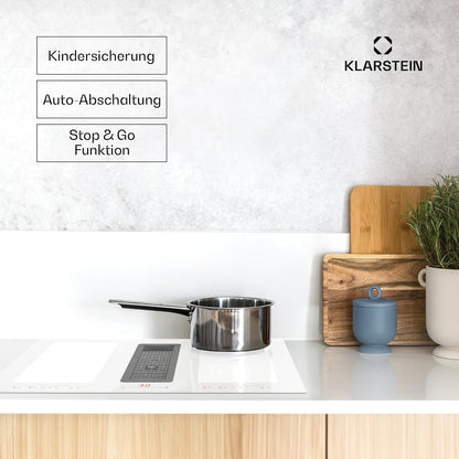 Klarstein 2-in-1 Induktionskochfeld mit Dunstabzug, Induktionskochfeld mit Abluft & Ventilator, 4-Zonen-Kochfeld, Glaskeramik-Einbauherd, Kochfeld mit Dunstabzug, Energieklasse A, 654m³/h Luftstrom