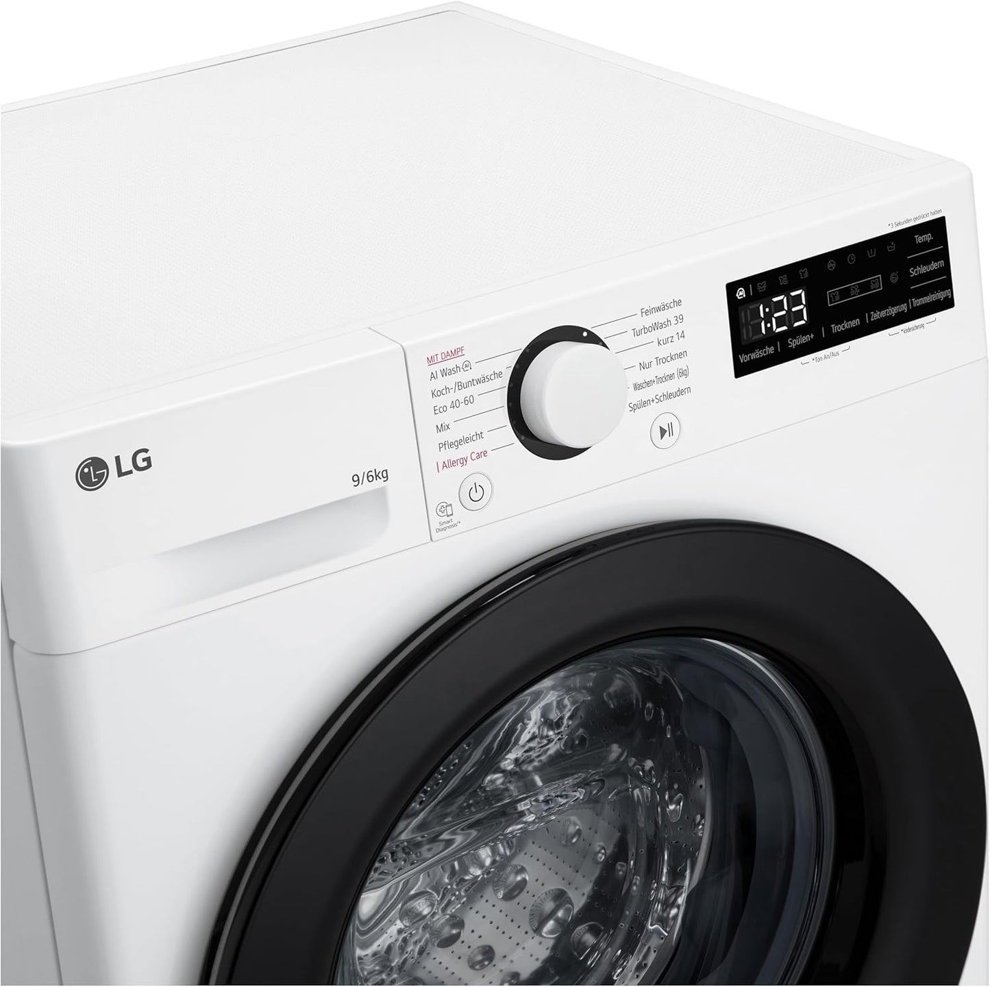 LG W4WR7096YB, Klasse D, Frontlader-Waschtrockner 9 - 6 kg, 62 x 60 x 85 cm, Wi-Fi, AI Direct Drive, Tiefenreinigung mit Dampf, TurboWash 360, Große Kapazität, Außentür aus gehärtetem Glas, Weiß