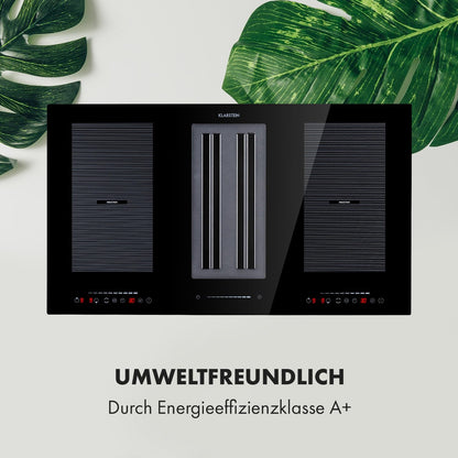 Klarstein 2-in-1 Induktionskochfeld mit Dunstabzug, Induktionskochfeld mit Abluft & Ventilator, 4-Zonen-Kochfeld, Glaskeramik-Einbauherd, Kochfeld mit Dunstabzug, Energieklasse A, 654m³/h Luftstrom