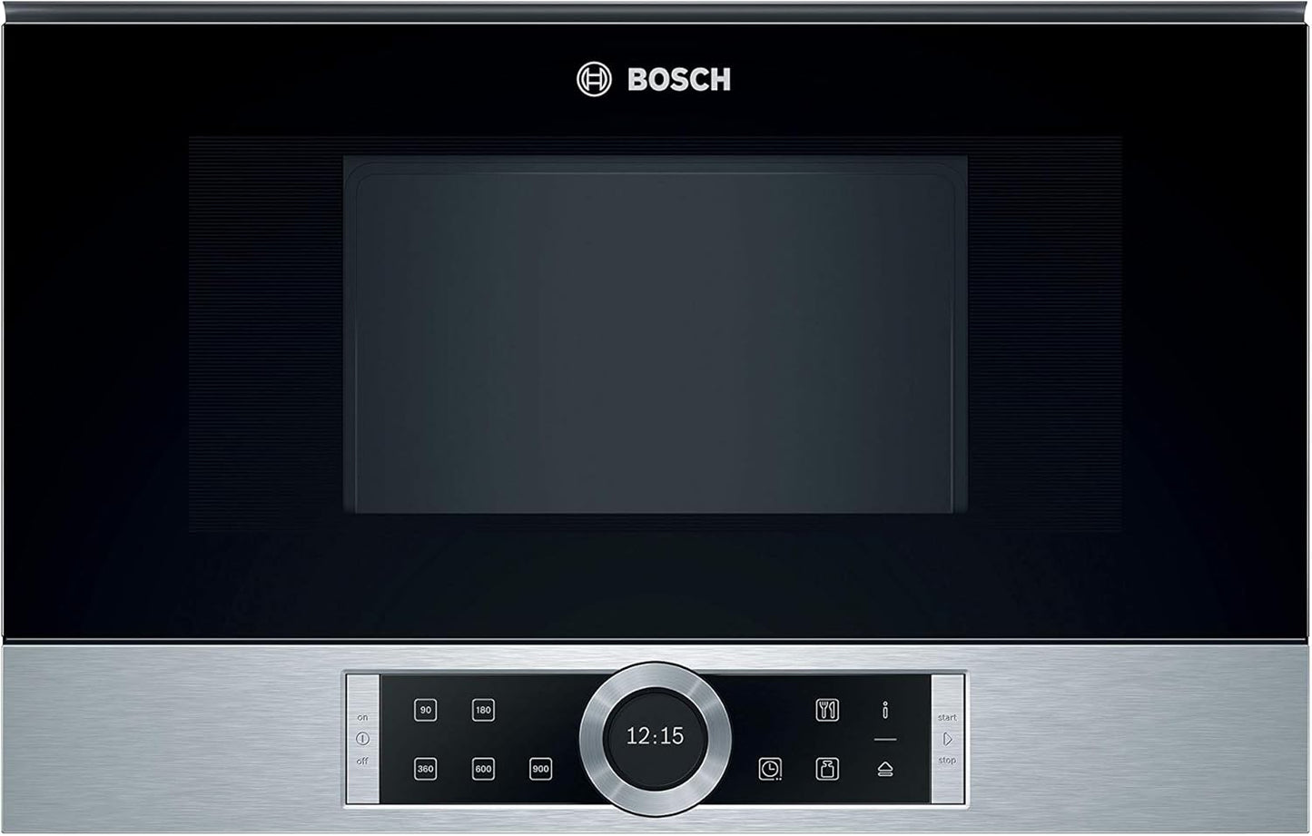 Bosch BFR634GS1 Serie 8 Einbau-Mikrowelle, Türanschlag Rechts, AutoPilot 7 Automatikprogramme, Reinigungsunterstützung, TFT-Touchdisplay, LED-Beleuchtung gleichmäßige Ausleuchtung, 38 x 60 cm, 900 W