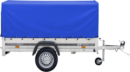 UNITRAILER Auto Anhänger 230x125 Garden Trailer 230 Kipp 750 kg mit Stützrad, Blauer Hochplane und Hochspriegel