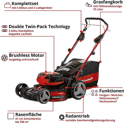 Einhell Professional Tondeuse à gazon sans fil GP-CM 36/47 S HW Li Power X-Change (36V, 47 cm largeur de coupe, autotractée, moteur sans charbon) Livré avec 4 Batteries 4,0Ah et 2 Chargeurs Doubles