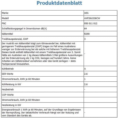 AEG Chillflex Pro AXP26U338CW mobile Klimaanlage / LED Display / Touch-Buttons / Fernbedienung / 30-40 m² / Kühlfunktion / Ventilator / Entfeuchtungsfunktion / Automatik / weiß/silber/schwarz