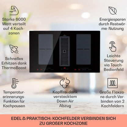 Klarstein 2-in-1 Induktionskochfeld mit Dunstabzug, Induktionskochfeld mit Abluft & Ventilator, 4-Zonen-Kochfeld, Glaskeramik-Einbauherd, Kochfeld mit Dunstabzug, Energieklasse A, 654m³/h Luftstrom