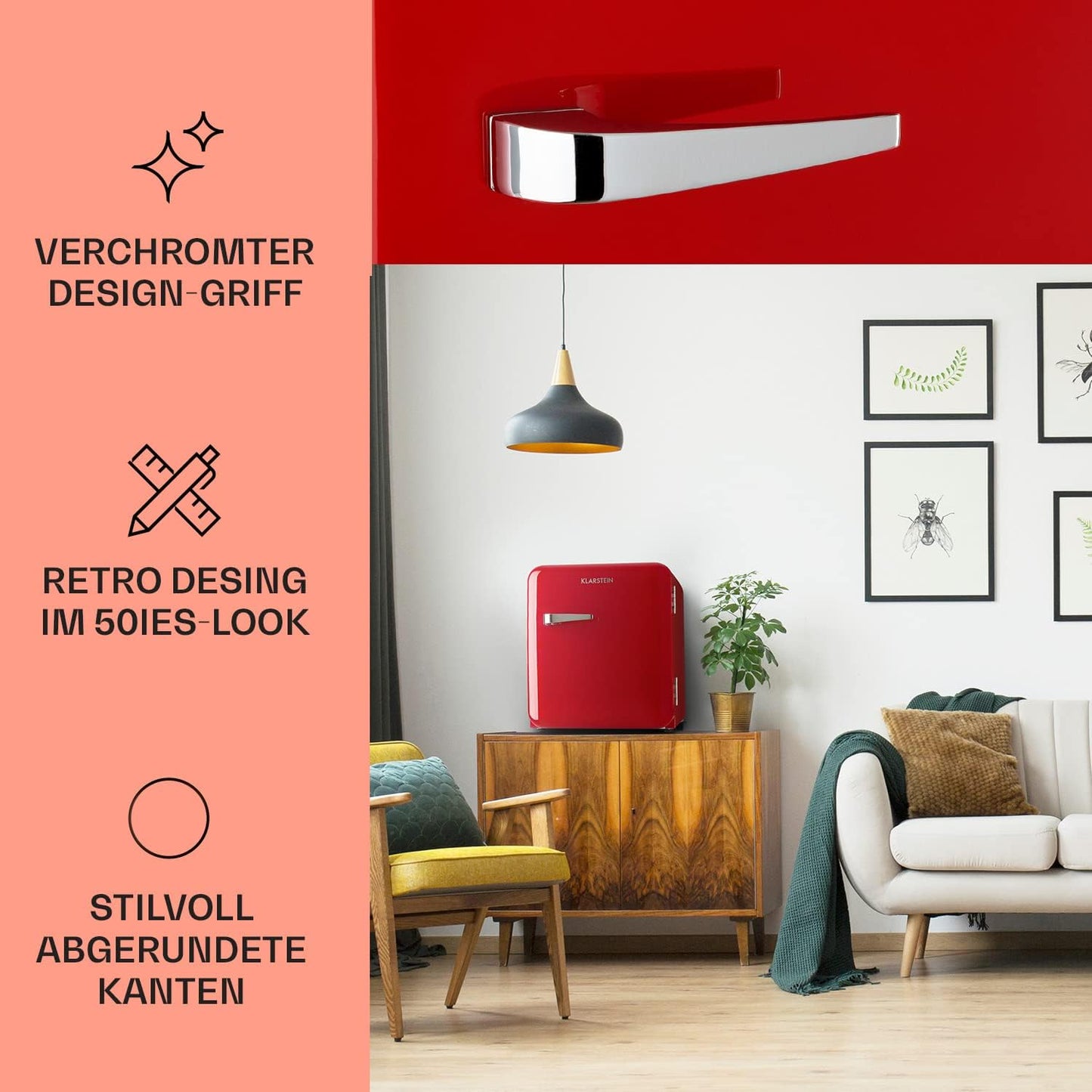 Klarstein Audrey Mini - kleiner Kühlschrank, kompakte Mini-Bar, freistehend, Kompressionskühlung, Fassungsvermögen, Kühlung: 0-10 °C, Mini-Kühlschrank mit 70 Liter Fassungsvermögen, rot
