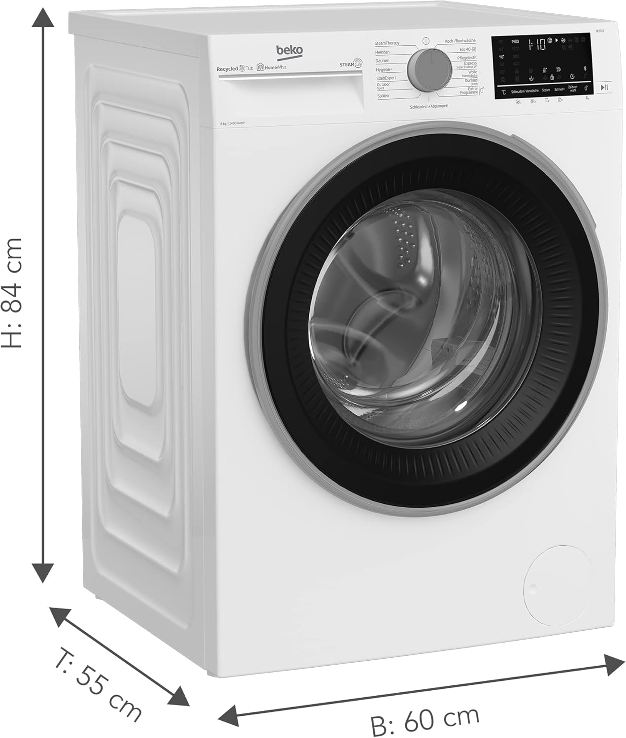 Beko B3WFU58415W1 b300 Waschmaschine, 8 kg, Waschvollautomat, Restzeitanzeige, Schleuderwahl, 1400 U/min, Dampffunktion, AddXtra-Nachlegefunktion, Bluetooth, Hygiene+ allergikergeeignet, Weiß