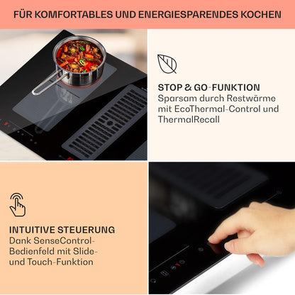 Klarstein 2-in-1 Induktionskochfeld mit Dunstabzug, Induktionskochfeld mit Abluft & Ventilator, 4-Zonen-Kochfeld, Glaskeramik-Einbauherd, Kochfeld mit Dunstabzug, Energieklasse A, 654m³/h Luftstrom