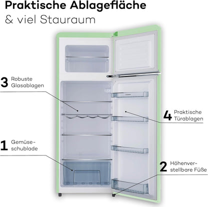 SCHOEPF – RKG218SG Kühl-Gefrierkombination – 211 L – Retro Design – LED-Beleuchtung – 39 dB – Grün/Mint – Höhenverstellbare Füße – Freistehend – Vintage Look