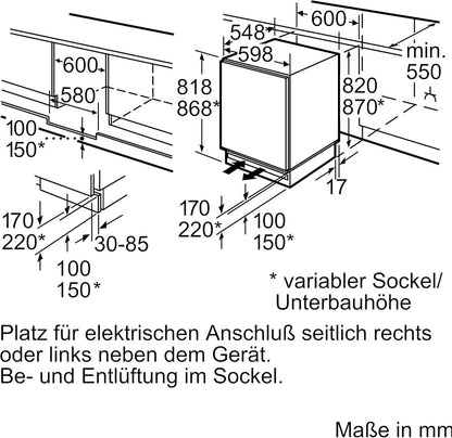 Bosch KUL15AFF0 Serie 6 Unterbau-Kühlschrank, 82 x 60 cm Nische, 123 L, Flachscharnier, Made in Germany, LED-Beleuchtung gleichmäßige Ausleuchtung, MultiBox Lagerung von Obst und Gemüse