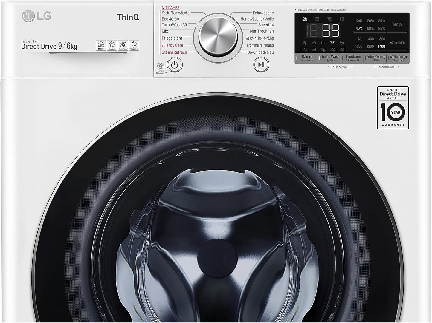 LG W4WR7096YB, Klasse D, Frontlader-Waschtrockner 9 - 6 kg, 62 x 60 x 85 cm, Wi-Fi, AI Direct Drive, Tiefenreinigung mit Dampf, TurboWash 360, Große Kapazität, Außentür aus gehärtetem Glas, Weiß