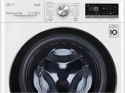 LG W4WR7096YB, Klasse D, Frontlader-Waschtrockner 9 - 6 kg, 62 x 60 x 85 cm, Wi-Fi, AI Direct Drive, Tiefenreinigung mit Dampf, TurboWash 360, Große Kapazität, Außentür aus gehärtetem Glas, Weiß