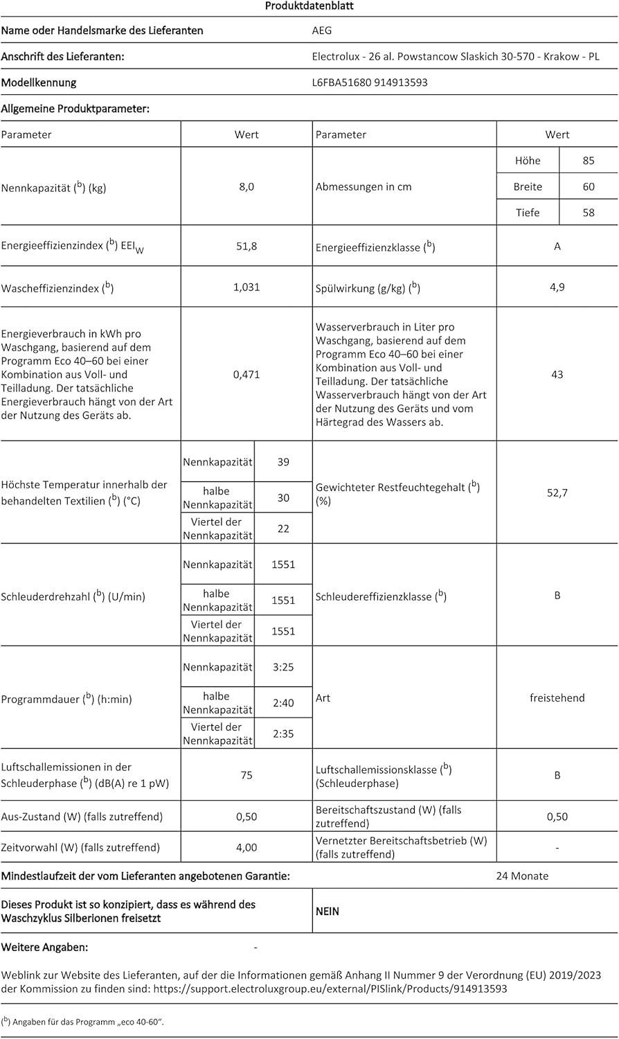 AEG L6FBG51470 Waschmaschine / Serie 6000 mit ProSense / Testsieger der Stiftung Warentest / 7,0 kg / Leise / Mengenautomatik / Nachlegefunktion / Kindersicherung / Wasserstopp / 1400 U/min
