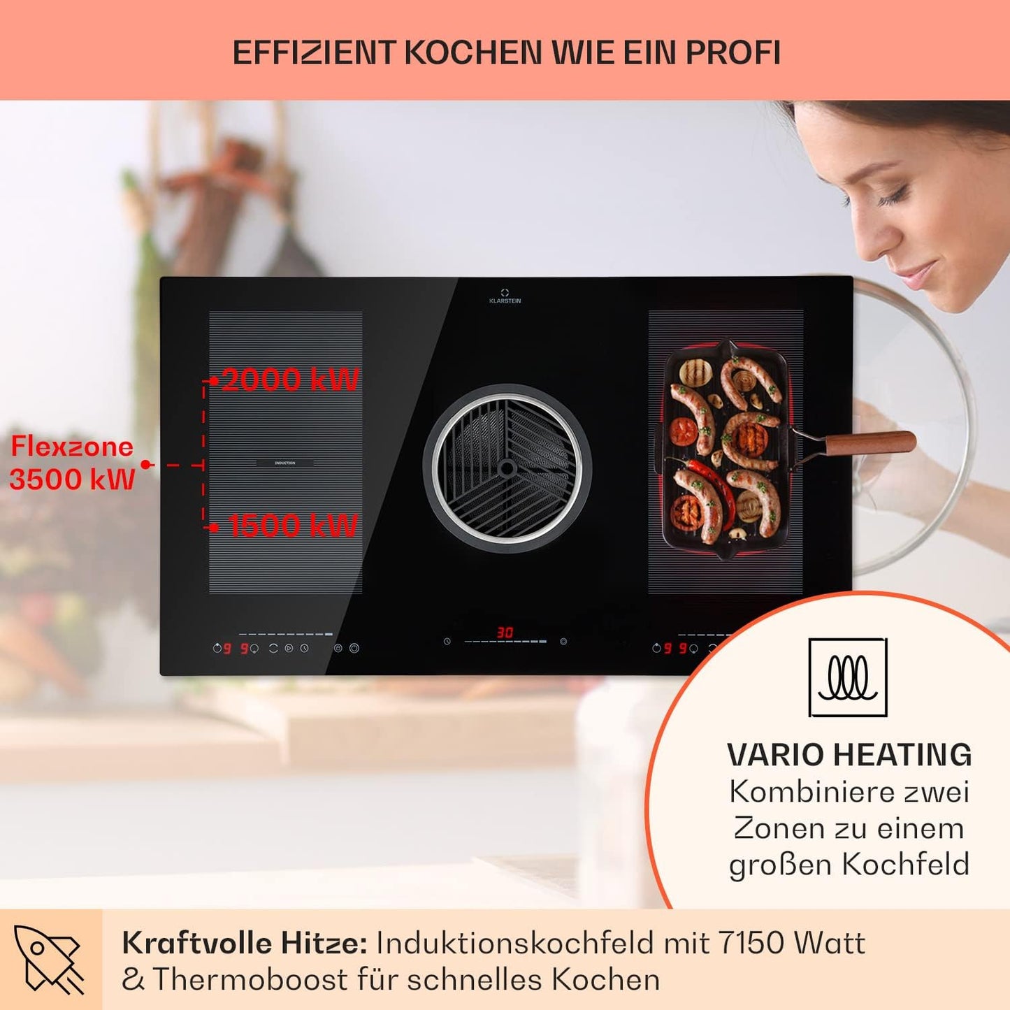 Klarstein 2-in-1 Induktionskochfeld mit Dunstabzug, Induktionskochfeld mit Abluft & Ventilator, 4-Zonen-Kochfeld, Glaskeramik-Einbauherd, Kochfeld mit Dunstabzug, Energieklasse A, 654m³/h Luftstrom