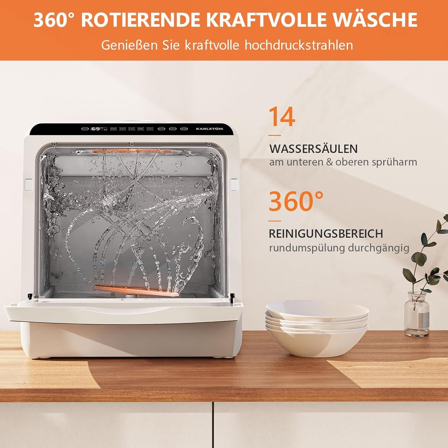 Karlxtom TDQR03A Mini Geschirrspüler, 6 Programme freistehender Tischgeschirrspüler, Spülmaschine mit 2 Wasserversorgungsmodi, Auto-Trocknung, Perfekt für kleine Familien und Paare
