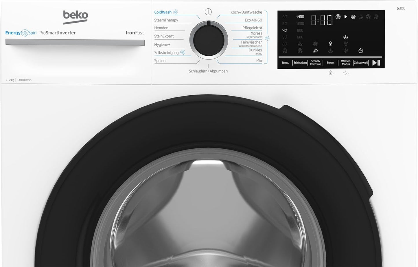Beko B3WFU58415W1 b300 Waschmaschine, 8 kg, Waschvollautomat, Restzeitanzeige, Schleuderwahl, 1400 U/min, Dampffunktion, AddXtra-Nachlegefunktion, Bluetooth, Hygiene+ allergikergeeignet, Weiß