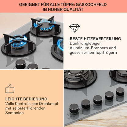 Klarstein Gasherd, Einbau-Gasherd für Propan Gasflasche, Gaskochfeld 4 Flammig, Gasherd für Küche, Camping & Wohnmobil, 8000 W Kochplatte, LPG Gaskocher, Herdplatte für Propangas, Edelstahl Gas-Herd