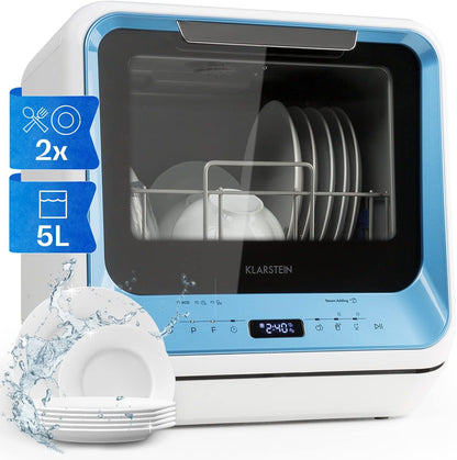Klarstein  ia Mini Geschirrspüler, Spülmaschine mit Platz für 2 Maßgedecke, 6 Programme, 5 L Wasser benötigt, LED-Display, Touch, Tischgeschirrspüler inkl. Zubehör, schwarz